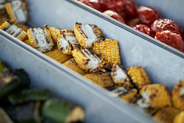 Grilled vegetables and chicken on distribution in iron trays , containers