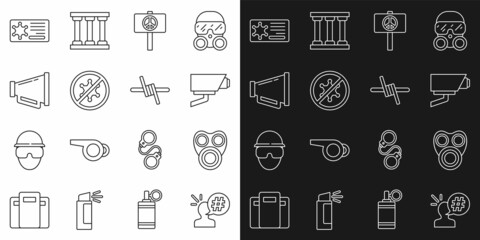 Set line Protest, Gas mask, Security camera, Peace, Megaphone, Police badge and Barbed wire icon. Vector