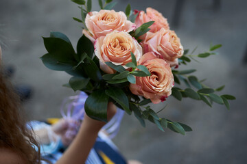 Bouquet of magnificent roses. Festive bouquet. A magnificent bouquet of fresh roses and flowers in full bloom.