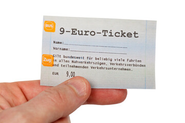 9-Euro-Ticket 9 Euro Ticket Symbolbild freigestellt auf einem weissen Hintergrund in Stuttgart,...