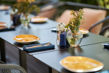 Served table. On the table are plates, dishes and glasses. 