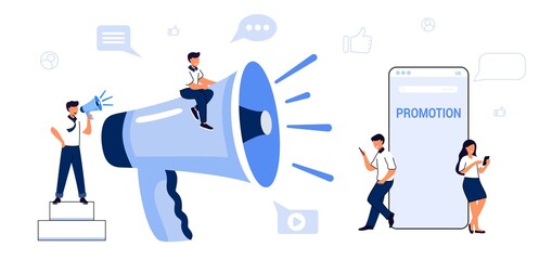 Professional speaker with megaphone Tiny character people creative trainees or company members listening to the performance to skilled coach or senior colleague Vector illustration flat design style