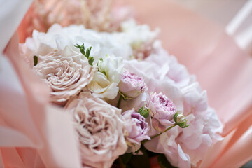 Bouquet of magnificent roses. Festive bouquet. A magnificent bouquet of fresh roses and flowers in full bloom. 