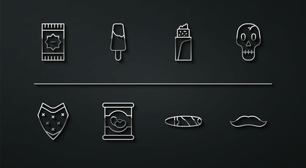 Set line Mexican carpet, Poncho, Skull, Cigar, Beans in, Popsicle ice cream, Mustache and Burrito icon. Vector