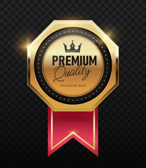 Luxury golden badges. Quality assurance, cups and trophies. Achievement of goods, modern methods of marketing. Premium products, user feedback and opinion. Realistic isometric vector illustration