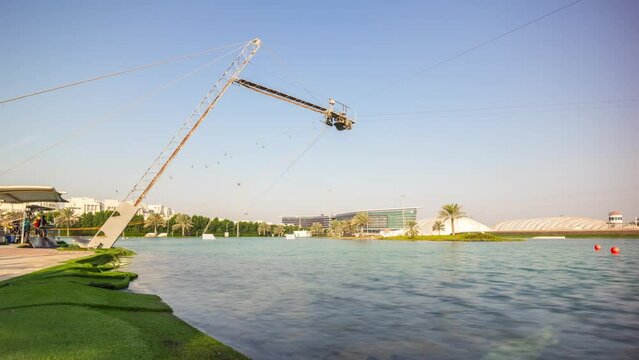 sunny day abu dhabi famous wakeboard park panorama 4k time lapse uae 