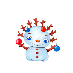 Cute smiling snowman with Christmas balls. New Year cartoon character. Watercolor illustration isolated on a white background.