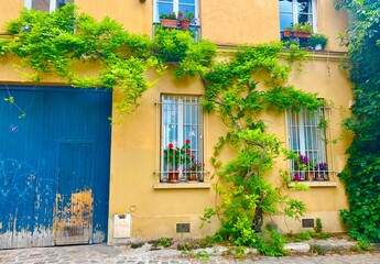 Window with flowers on the beautiful green street of rue de Termopyles in Paris' 14 arrondissement