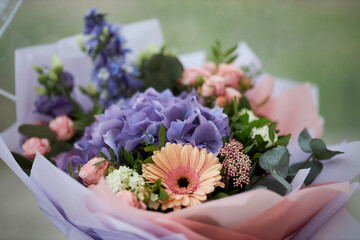 Bouquet with hydrangeas and gerberas. Festive bouquet.