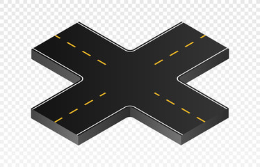 Isometric part road. Asphalt intersection, traffic control in city center and rules. Special places on map, arena and landscape. Constructor elements for creating path. Isometric vector illustration