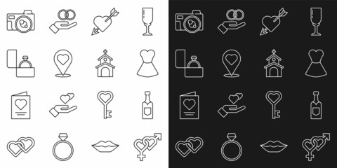 Set line Gender, Champagne bottle, Woman dress, Amour with heart and arrow, Location, Diamond engagement ring, Photo camera and Church building icon. Vector