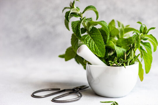 Fresh rosemary and mint herbs in a mortar and pestle on a table