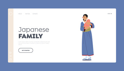 Japanese Family Landing Page Template. Asian Woman with Baby on Hands. Young Smiling Mother Character with Newborn Child