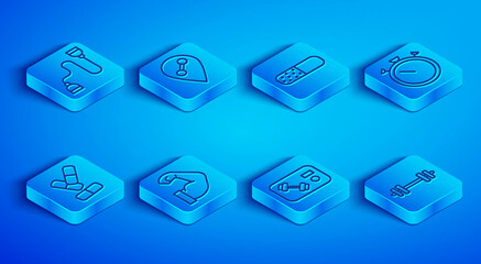 Set line Chest expander, Location gym, Vitamin pill, Bodybuilder muscle, Fitness club, card, Stopwatch, and Barbell icon. Vector