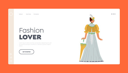 19th Century Fashion Lover Landing Page Template. Elegant Lady in Beautiful Vintage Dress, Victorian Woman