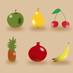 fruit set apple pear cherry  pineapple pomegranate banana