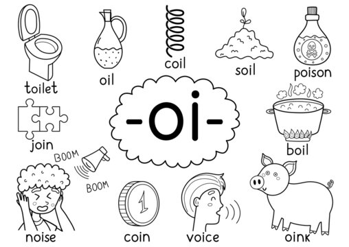 Oi digraph spelling rule black and white educational poster for kids with words. Learning -oi- phonics sound for school and preschool. Vector illustration