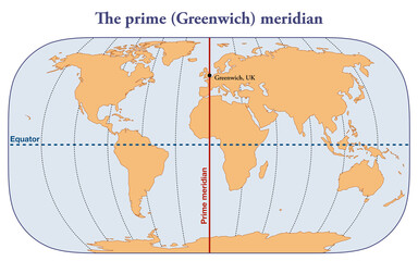 Map with the Greenwich prime meridian - obrazy, fototapety, plakaty