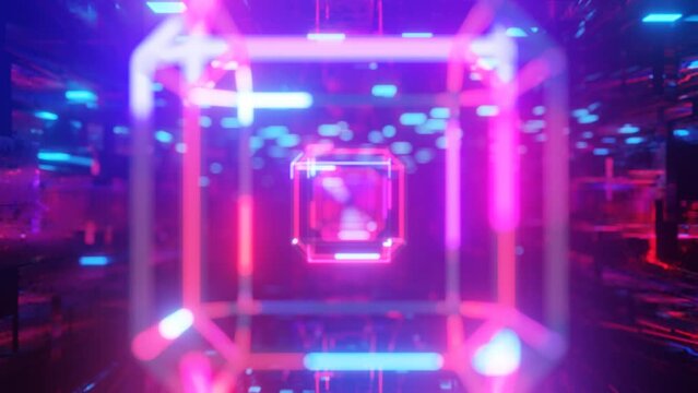 3d object or structure rotates and moves inside glass mirror tunnel with neon light, bright reflections. Fantastic abstract bg looped in 4k. Vj loop for show. Sci fi bg fly through hi tech tunnel