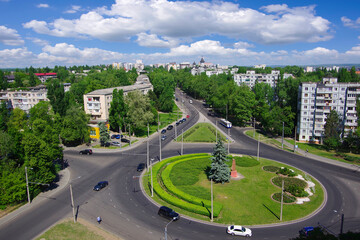 Moldova. Kishinev. 05.24.2022. View from a height of a transport interchange in the city and...