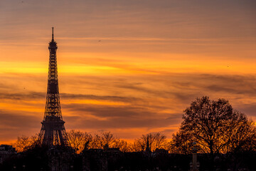Paris, France - May 15, 2020: View of Eiffel tower at sunset, in Paris