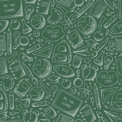 green school pattern with doodles, elements, school supplies. Good for packaging, wrapping paper, stationary, scrapbooking, textile prints, planners, etc. EPS 10
