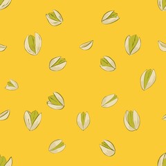 pattern, seamless, pistachios, nuts, illustration, on a yellow background