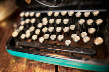 vintage typewriter, vintage typewriter keys close-up, soft focus. close-up of an old typewriter key