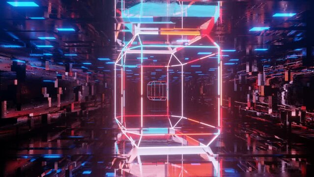 3d object or structure rotates and moves inside glass mirror tunnel with neon light, bright reflections. Cube. Fantastic abstract bg in 4k. Vj loop for show. Sci fi bg fly through hi tech tunnel