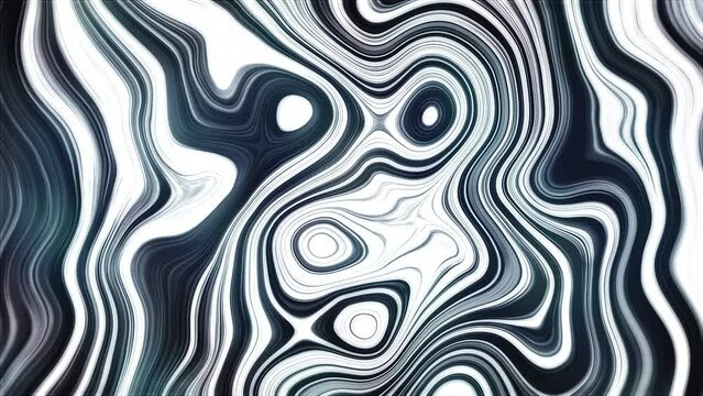 Liquid psychedelic pattern of curved lines. Motion. Moving liquid pattern with curved lines. Spots and curved lines move in psychedelic pattern