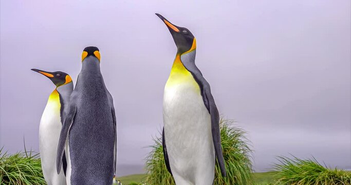 Gruppe von 5 K&ouml;nigspinguinen (APTENODYTES PATAGONICUS) auf S&uuml;d Georgien