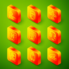 Set line Airport control tower, Airplane window, Plane, Helicopter landing pad, Attitude indicator, Headphones with microphone, Radar targets monitor and Suitcase icon. Vector