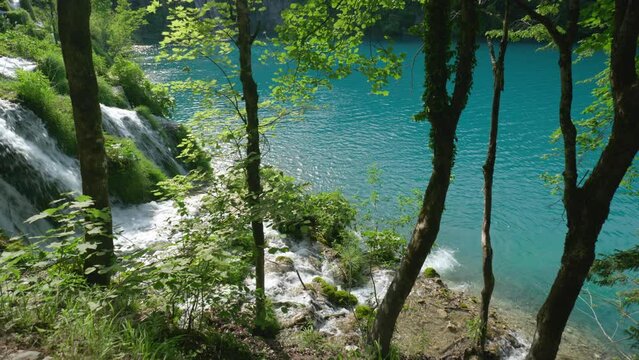 Cascades and Turquoise Lake in Plitvice Lakes National Park