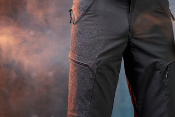 men's waterproof pants. Men's pants close-up. Waterproof fabric
