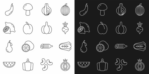 Set line Tomato, Cabbage, Beet, Onion, Plum fruit, Lemon, Eggplant and Garlic icon. Vector