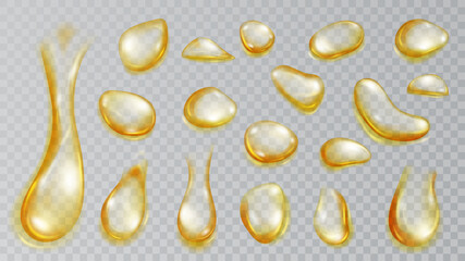 Set of realistic translucent water drops in yellow colors in various shape and size, isolated on transparent background. Transparency only in vector format