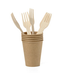 Brown paper cups, wooden fork on a white background. Recyclable garbage
