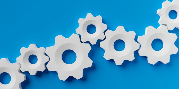 Row Of White Gears Or Cogwheels On Blue Background, Modern Minimal Management, Team, Process Or Industry Concept Template Flat Lay Top View From Above