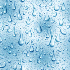 Seamless pattern of small realistic water drops in light blue colors