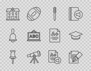 Set line Push pin, Exam sheet and pencil, Pen, Telescope, School building, Chalkboard, with A plus grade and Graduation cap icon. Vector
