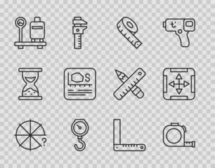 Set line Circle of pieces, Roulette construction, Measuring tape, Hand scale spring mechanical, Scale with suitcase, Area measurement, Corner ruler and icon. Vector