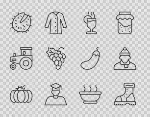 Set line Pumpkin, Waterproof rubber boot, Mulled wine, Graduate and graduation cap, Chestnut, Grape fruit, Bowl hot soup and Autumn clothes icon. Vector