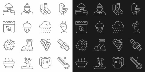 Set line Meteorology thermometer, Winter scarf, Mulled wine, Socks, Acorn, Calendar with autumn leaves, Mushroom and Cloud rain icon. Vector