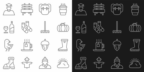 Set line Sun and cloud weather, Waterproof rubber boot, Pumpkin, School backpack, Socks, Wine bottle with glass, Graduate graduation cap and Garden rake icon. Vector