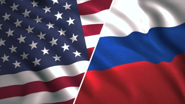  American-Russian Relations.Motion.Two Flags of the USA and Russia are connected into one and flutter in the wind.