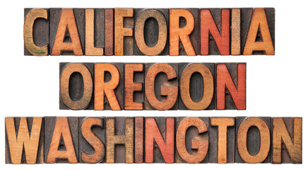 California , Oregon, Washington, - USA Pacific states - collage of isolated words in vintage wood letterpress printing blocks with color ink patina