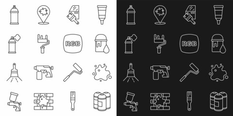 Set line Paint spray can, bucket, Car painting, roller brush, and RGB icon. Vector