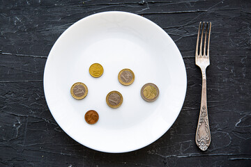 Money spend on food concept on black backgorund.