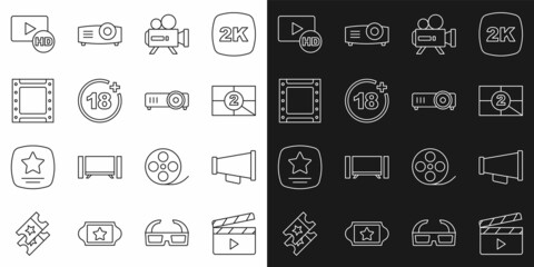 Set line Movie clapper, Megaphone, Old film movie countdown frame, Retro cinema camera, Plus 18, Play video, Hd movie, tape, and Movie, film, media projector icon. Vector