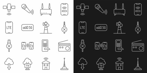 Set line Antenna, Radio, No audio jack, Router and wi-fi signal, 5G wireless internet, LTE network, Satellite and dish icon. Vector